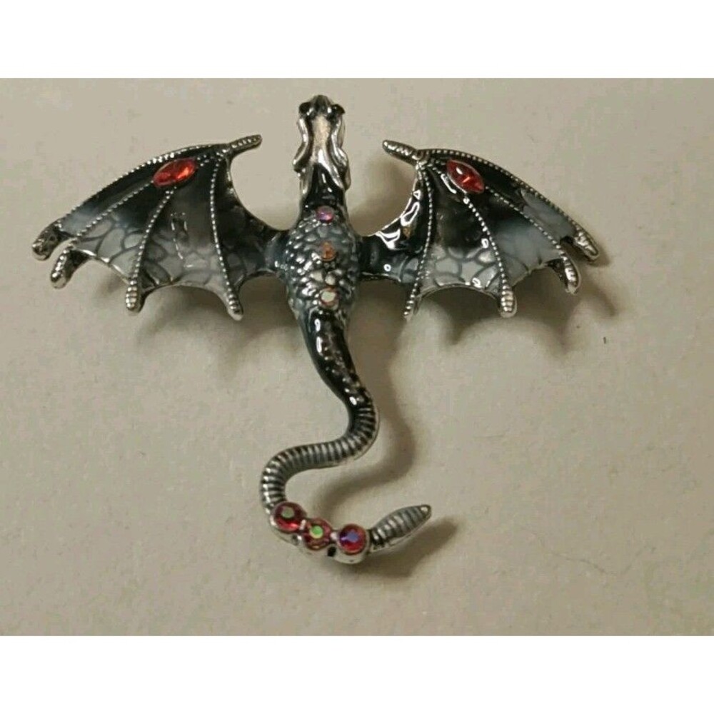 Black Gray & Silver Tone Enamel Dragon Brooch